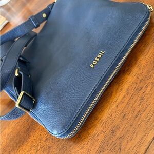 Fossil Navy Blue Genuine Cowhide Leather Crossbody Bag | Double Zip Purse